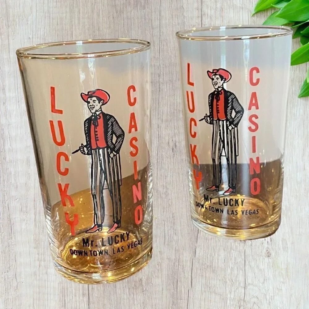 4 - Lucky Casino - Mr. Lucky - Downtown Las Vegas Bar Glass Vintage 4.75”